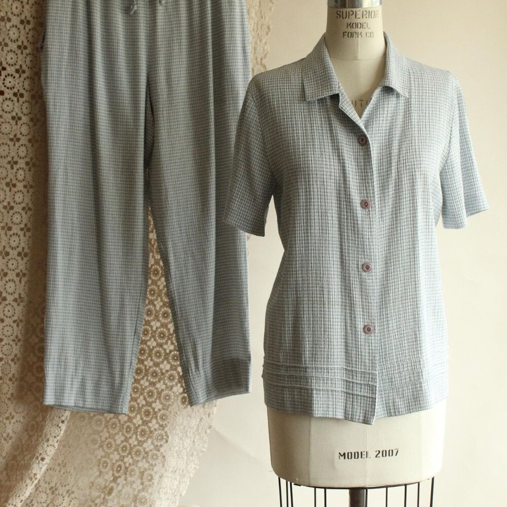 Vintage 1990s Pant Suit, Sag Harbor Petites Blue and White Two Piece, - Picture 2 of 16